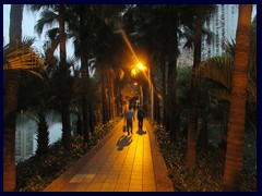 There is a beautiful walking path flanked with palms in the middle of the park's lake.